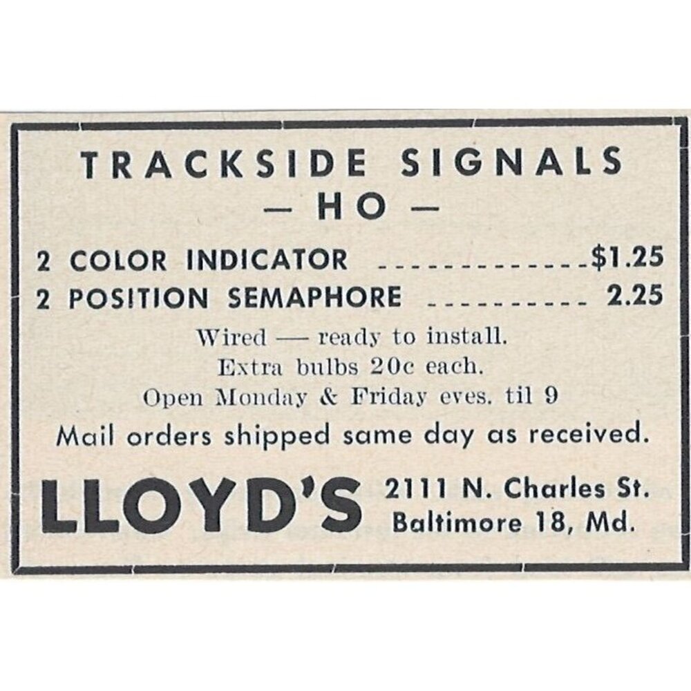 Lloyds HO Trackside Signals Vintage Print Ad Original 1954 Baltimore Maryland u